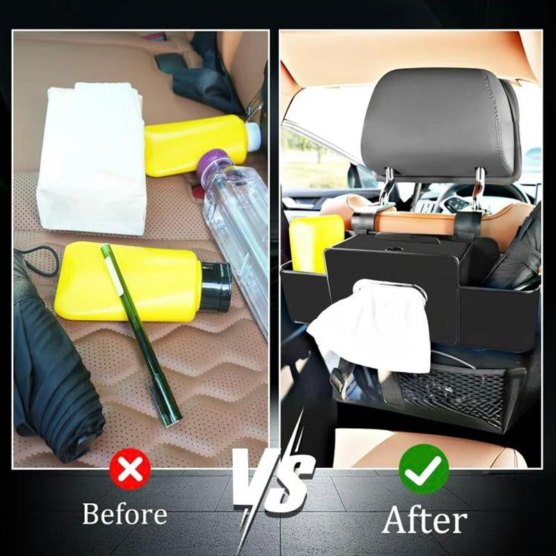 Multifunctional Car Back Seat Storage Organizer-Carstorage Bag with 2 Cup Holders, Tissue Box, Hooks &Phone/Key/Ticket Holder-Universal Car Interior Accessoriesfor Stowing & Tidying