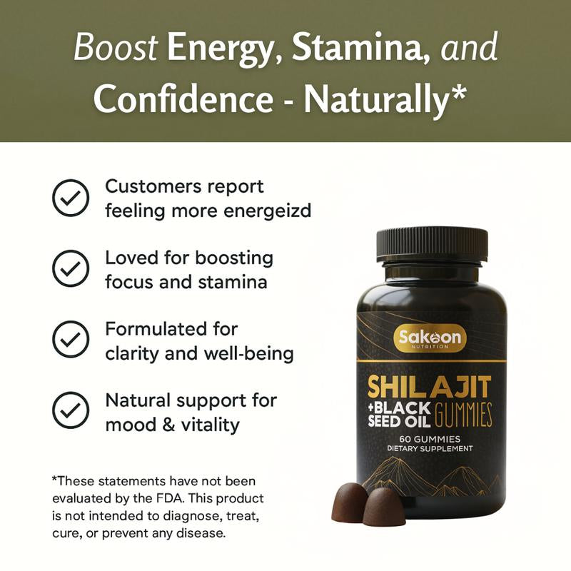 Pure Shilajit Supplement Gummies with Black Seed Oil, High Potency Pure Himalayan Resin for Energy, Immune Support, and Cognitive Function, Lab Tested Chewables