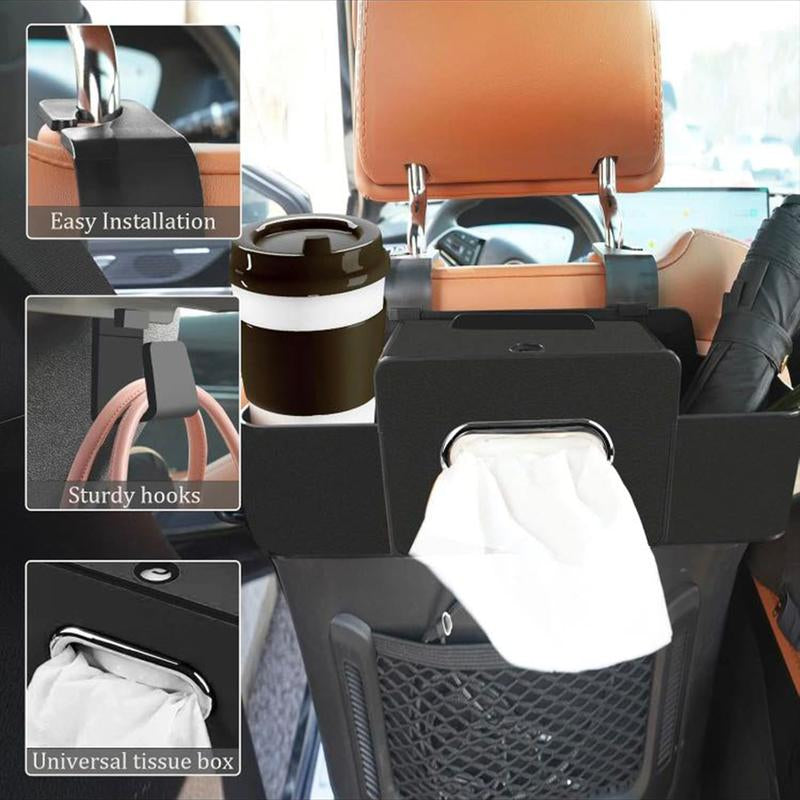 Multifunctional Car Back Seat Storage Organizer-Carstorage Bag with 2 Cup Holders, Tissue Box, Hooks &Phone/Key/Ticket Holder-Universal Car Interior Accessoriesfor Stowing & Tidying