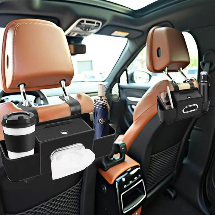 Multifunctional Car Back Seat Storage Organizer-Carstorage Bag with 2 Cup Holders, Tissue Box, Hooks &Phone/Key/Ticket Holder-Universal Car Interior Accessoriesfor Stowing & Tidying
