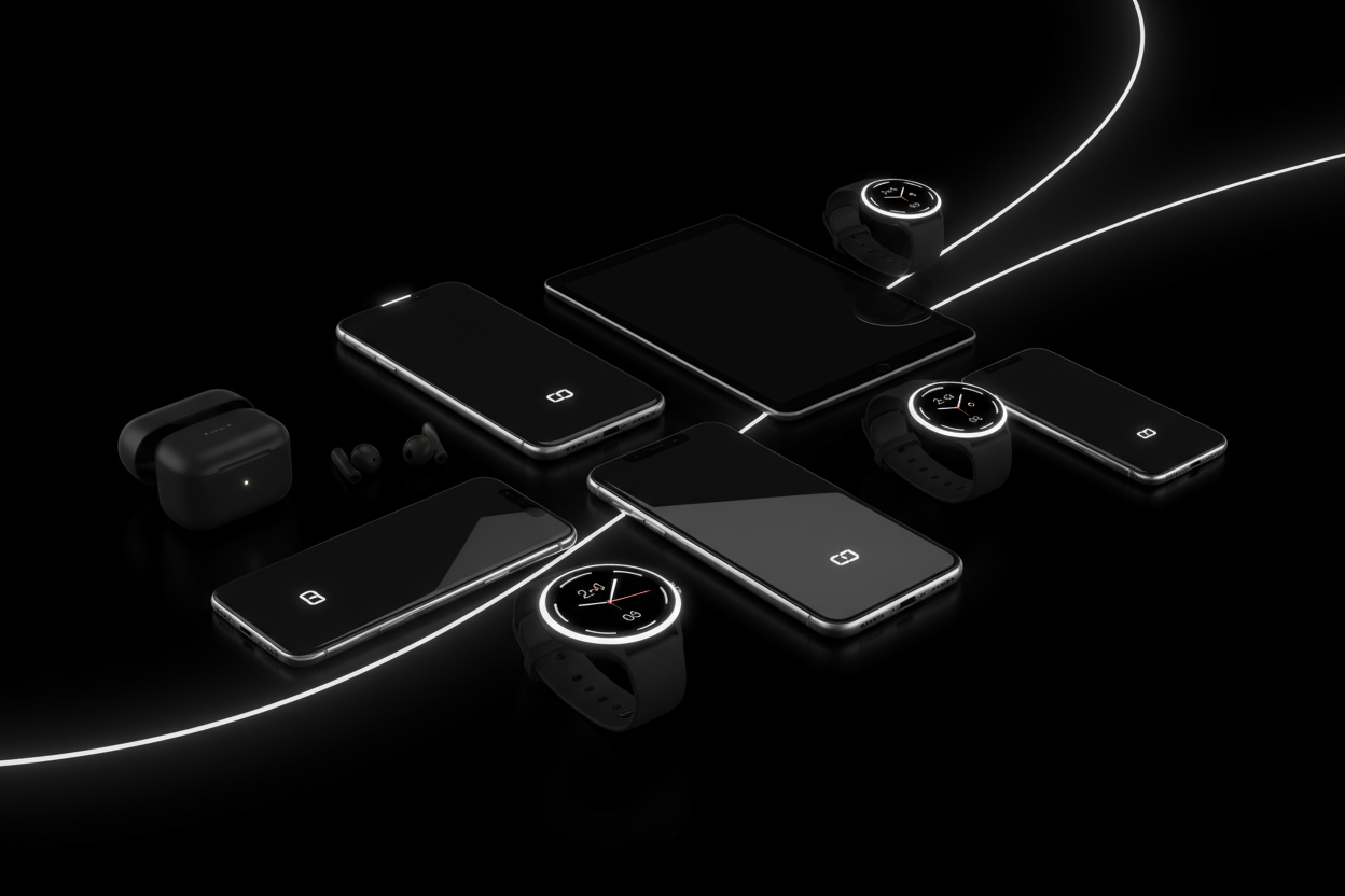 black background with tech gadgets, no words but black background and a little bit of white on the gadgets shown